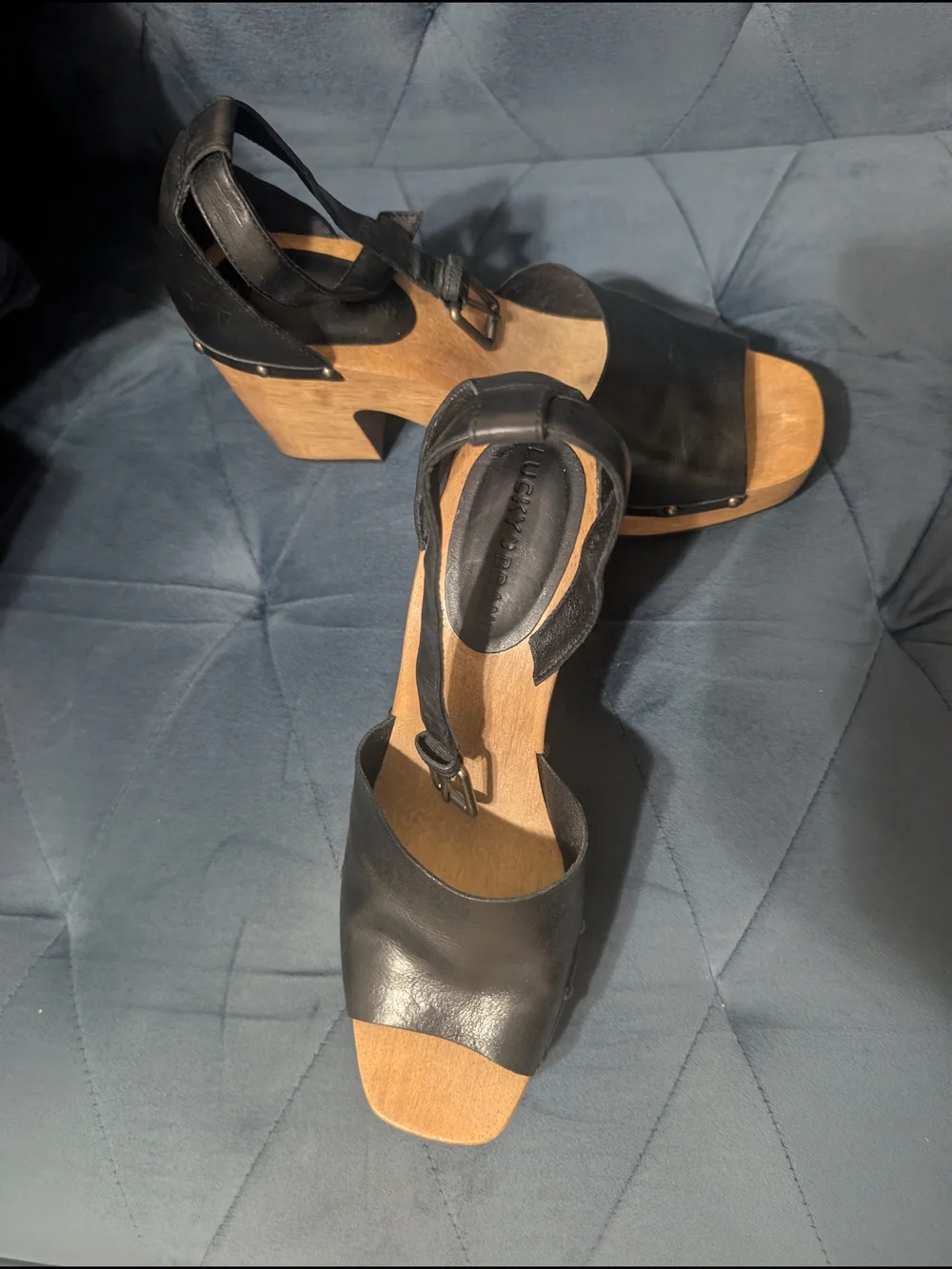 Lucky Brand Black Leather Wood-Platform Sandals